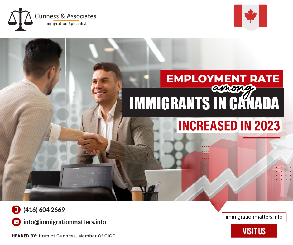 Statistics Canada published a new study exploring links between the employment rate in Canada of core working-age immigrants and the duration of their stay in Canada. The data highlights that immigrants with over ten years of stay had the highest employment rates, while recent arrivals (within the last five years) had the lowest. Specifically, employment rates were 77.8% for immigrants who landed five or fewer years ago, 81.9% for those who landed between 5 and 10 years ago, and 84.5% for those in Canada for over ten years. The overall employment rate for immigrants in 2023 was 82.6%, slightly lower than the 86.3% rate for Canadian-born individuals.In December, there were more people working in professional, scientific, and technical services (+46,000; +2.4%), health care and social assistance (+16,000; +0.6%), and "other services" (including personal and repair services) (+12,000; +1.5%). Five industries experienced declines, led by wholesale and retail trade (-21,000; -0.7%) and manufacturing (-18,000; -1.0%).In December, employment increased in four provinces, led by British Columbia (+18,000; +0.6%), while it decreased in Ontario (-48,000; -0.6%). Total hours worked increased by 0.4% in December and by 1.7% year on year.IRCC sets new wage rules for employers recruiting temporary foreign workersOn the other hand, in 2019 the employment rate for immigrants who arrived in Canada five years or less was 71.1%. Although this rate has also increased since dropping to 69.3% in 2020, the employment rate for this subgroup reduced slightly from 2022 (78%) to 2023 (77.8%).The employment rate in Canada for core-aged Men and WomenFollowing two months of little change, employment among core-aged men (aged 25 to 54) increased by 25,000 (+0.4%) in December. For the third month in a row, employment among women of the same age group stayed virtually unchanged.The employment rate for the core-aged population fell from January to December, as population growth (+2.9%; +446,000) outpaced employment growth (+1.9%; +243,000). The employment rate for women in this age group fell 0.8 percentage points from a record high of 82.2% in January to 81.4% in December. The rate for men aged 25 to 54 fell 0.8 percentage points between June (88.2%) and December (87.4%) in 2023. Despite recent labor market cooling, employment rates for both core-aged women(+2.1 percentage points) and core-aged men (+0.9 percentage points) remained higher than the average observed from 2017 to 2019, before the COVID-19 pandemic.In December 2023, employment for young women aged 15 to 24 increased by 13,000 (+1.0%), while it remained virtually unchanged for young men. When compared to the other major demographic groups, youth employment fell more abruptly from January to December. Female youth rates dropped by 4.0 percentage points to 56.7%, while male youth rates dropped by 2.1 percentage points to 56.0%. Employment rates for both female (-2.4 percentage points) and male (-1.4 percentage points) youth were lower in December than they had been from 2017 to 2019.In December 2023, employment among men aged 55 and older fell by 27,000 (-1.1%), the first significant drop since February 2023.Join our RSS Feed If you want to know more details about the “The employment rate in Canada among immigrants increased in 2023" you can contact one of our immigration specialists at  Gunness & Associates.Tel: (416) 604-2669 Email: info@immigrationmatters.infoGunness & Associates has helped thousands of people successfully immigrate to Canada with their families. Our skilled and experienced immigration experts have the expertise to accurately examine your case and advise you on the best method of proceeding to serve your needs.For honest and straightforward advice, contact the expertsat Gunness & AssociatesGet a free Assessment Join our newsletter and get up-to-date immigration news Click hereAll rights reserved ©2023 Gunness & Associates