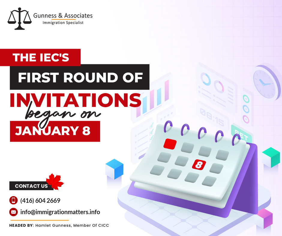 International Experience Canada (IEC) 2024 opened on December 11, 2023, allowing youth from eligible countries to submit profiles. The first round of invitations started on January 8, 2024, with the number of issued invitations expected to be announced on January 12, 2024. The IEC 2024 fees are CAD 172, with additional fees for some programs. Iceland and Finland are joining the IEC in 2024, and South Korean youth can participate in more programs this year. IEC work permit holders require health insurance during their stay. To participate, candidates must submit a profile and receive an invitation before applying for a work permit. Invitations are issued weekly, and applications must be made within ten days of accepting the invitation.New Changes announced in the International Experience Canada programWho can Participate in the International Experience Canada (IEC) 2024?Your country or territory of citizenship must have a Youth Mobility Agreement (YMA) with Canada in order to participate in International Experience Canada (IEC).Certain IEC-recognized organizations (RO) can assist a small number of youth from non-partner countries in participating in IEC in some cases. Some countries restrict your participation to one time. Others permit you to participate twice in different categories. Because each country is different, you should check to see if you are eligible to apply.Even if you are invited to apply, you cannot participate multiple times per country. Following the submission of your application, an officer will evaluate your eligibility, including previous participation. Before submitting an application, make sure that you have thoroughly reviewed all of the requirements.Join our RSS Feed If you want to know more details about the “The IEC's first round of invitations began on January 8" you can contact one of our immigration specialists at  Gunness & Associates.Tel: (416) 604-2669 Email: info@immigrationmatters.infoGunness & Associates has helped thousands of people successfully immigrate to Canada with their families. Our skilled and experienced immigration experts have the expertise to accurately examine your case and advise you on the best method of proceeding to serve your needs.For honest and straightforward advice, contact the expertsat Gunness & AssociatesGet a free Assessment Join our newsletter and get up-to-date immigration news Click hereAll rights reserved ©2023 Gunness & Associates