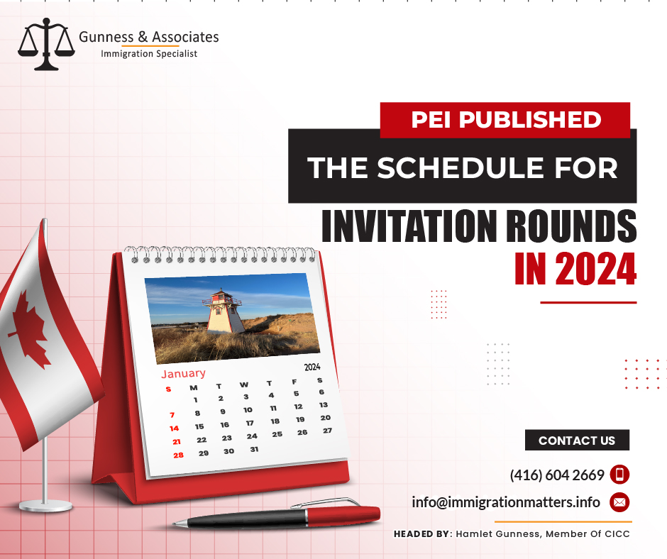 On January 4, 2024, the Office of Immigration of Prince Edward Island published a schedule for invitation rounds in 2024 via the Expression of Interest system for individuals to apply for the Prince Edward Island Provincial Nominee Program (PEI PNP). PEI schedule for invitation rounds in 2024The invitation rounds are scheduled for the following dates: January 18, 2024
February 1, 2024
February 15, 2024
February 29, 2024
March 21, 2024
April 4, 2024
April 18, 2024
May 2, 2024
May 16, 2024
May 30, 2024
June 20, 2024
July 4, 2024
July 18, 2024
August 1, 2024
August 15, 2024
August 29, 2024
September 19, 2024
October 3, 2024
October 17, 2024
October 31, 2024
November 21, 2024
December 5, 2024
December 19, 2024PEI PNP Draws 2023The Office of Immigration reserves the right to modify the schedule based on program requirements.Join our RSS Feed If you want to know more details about the “PEI published the schedule for invitation rounds in 2024" you can contact one of our immigration specialists at  Gunness & Associates.Tel: (416) 604-2669 Email: info@immigrationmatters.infoGunness & Associates has helped thousands of people successfully immigrate to Canada with their families. Our skilled and experienced immigration experts have the expertise to accurately examine your case and advise you on the best method of proceeding to serve your needs.For honest and straightforward advice, contact the expertsat Gunness & AssociatesGet a free Assessment Join our newsletter and get up-to-date immigration news Click hereAll rights reserved ©2023 Gunness & Associates