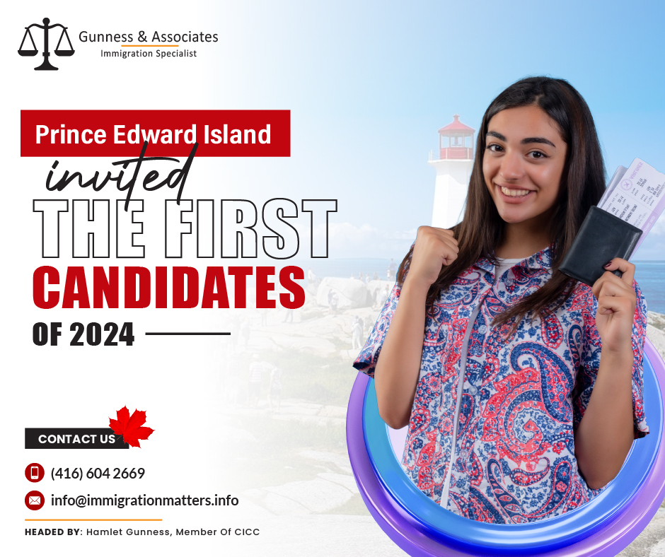 On January 18, 2024, Prince Edward Island conducted a new invitation round and invited the first PEI PNP candidates of 2024 under the Prince Edward Island Provincial Nominee Program (PEI PNP). In the first round of this year, the province issued 134 invitations to apply to skilled workers in the Labour Impact and Express Entry streams. PEI also invited two candidates to the Business Work Permit Entrepreneurs stream. The lowest score for business candidates was 80 points, 12 points lower than in the December draw. Last year, PEI invited 2,423 candidates. According to the schedule, the next PEI PNP draw will occur on February 1, 2024.PEI PNP schedule for invitation rounds in 2024On January 4, 2024, the Office of Immigration of Prince Edward Island published a schedule for invitation rounds via the Expression of Interest system for individuals to apply for the Prince Edward Island Provincial Nominee Program (PEI PNP). PEI PNP Draws 2023Prince Edward Island schedule for invitation rounds in 2024The invitation rounds are scheduled for the following dates: January 18, 2024
February 1, 2024
February 15, 2024
February 29, 2024
March 21, 2024
April 4, 2024
April 18, 2024
May 2, 2024
May 16, 2024
May 30, 2024
June 20, 2024
July 4, 2024
July 18, 2024
August 1, 2024
August 15, 2024
August 29, 2024
September 19, 2024
October 3, 2024
October 17, 2024
October 31, 2024
November 21, 2024
December 5, 2024
December 19, 2024Join our RSS Feed If you want to know more details about the “Prince Edward Island invited the first PEI PNP candidates of 2024" you can contact one of our immigration specialists at  Gunness & Associates.Tel: (416) 604-2669 Email: info@immigrationmatters.infoGunness & Associates has helped thousands of people successfully immigrate to Canada with their families. Our skilled and experienced immigration experts have the expertise to accurately examine your case and advise you on the best method of proceeding to serve your needs.For honest and straightforward advice, contact the expertsat Gunness & AssociatesGet a free Assessment Join our newsletter and get up-to-date immigration news Click hereAll rights reserved ©2023 Gunness & Associates