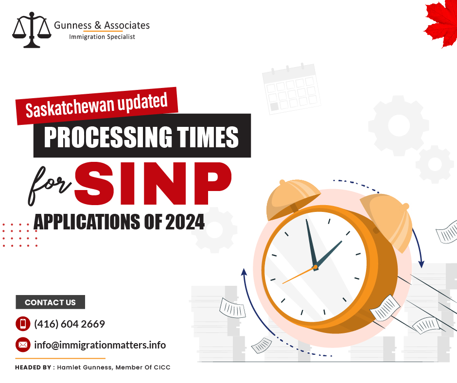 On January 12, 2024, SINP Application Processing Times 2024 was updated for various streams of the Saskatchewan Immigrant Nominee Program (SINP). The processing time is updated quarterly (every three months). It indicates the average time it took to process an application in that quarter. Time is measured in weeks for each category. Processing times can vary and are not always a reliable indicator of future applications.The average processing time for 80% of applications is provided below. It is the time between when an application is first received and when it is finally processed. The fastest and slowest 10% of applications are considered outliers and are excluded from the average.SINP Application Processing Times 2024According to the new data, in the fourth quarter of 2023, in the International Skilled Worker category, the processing time for the Employment Offer stream was four weeks; in the Occupation In-Demand stream, it was 39 weeks; and in the Express Entry stream - 33 weeks. The processing time for the Tech Talent Pathway and the Hard-to-Fill Skills Pilot was three weeks. In the Saskatchewan Experience category, the processing time for the Existing Work Permit and International Students streams was two weeks.At the same time, it took one week to process applications under the Hospitality Workers and Health Professionals streams. The province did not provide processing times for the Truck Drivers stream. In the Entrepreneur and Farm category, the processing time for the Entrepreneur Applications was five weeks, while for the Entrepreneur Nominations, it was two weeks. The Job Approval Process, the authorization for an employer to hire a foreign worker through the SINP, took four weeks.Saskatchewan Immigrant Nominee Program (SINP)A set of immigration programs that enable foreign nationals to become permanent residents of Canada is known as the Saskatchewan Immigrant Nominee Program (SINP), a Provincial Nominee Program (PNP). The PNP is deliberately created to attract immigrants into professions where the province will profit, such as skilled labor, labor-shortage sectors, job offers, and entrepreneurship. Three categories comprise the multiple immigration streams that the province operates:Saskatchewan International Skilled Worker
Saskatchewan Experience
Saskatchewan Entrepreneur and FarmJoin our RSS Feed If you want to know more details about the “SINP Application Processing Times 2024 updated" you can contact one of our immigration specialists at  Gunness & Associates.Tel: (416) 604-2669 Email: info@immigrationmatters.infoGunness & Associates has helped thousands of people successfully immigrate to Canada with their families. Our skilled and experienced immigration experts have the expertise to accurately examine your case and advise you on the best method of proceeding to serve your needs.For honest and straightforward advice, contact the expertsat Gunness & AssociatesGet a free Assessment Join our newsletter and get up-to-date immigration news Click hereAll rights reserved ©2023 Gunness & Associates