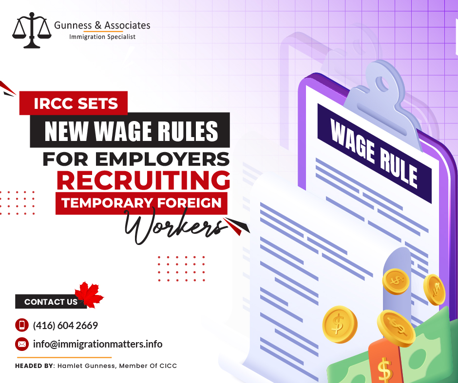 From January 1, 2024, employers recruiting through the Temporary Foreign Workers Program (TFWP) must adjust foreign workers' wages to match updated prevailing rates, as per Immigration, Refugees and Citizenship Canada (IRCC). Although some employers are exempt, this usually requires a Labour Market Impact Assessment (LMIA). The Job Bank updates provincial wage differences annually. Canada is inviting foreign workers to boost its economy amid labor shortages, with potential losses of $38 billion due to shortages, as the Canadian Federation of Independent Business (CFIB) reported. Foreign workers in Canada are legally entitled to the same rights as Canadians, with employers required to ensure a fair work environment and access to healthcare.Even if the prevailing wage falls, the updated wage can never fall below the wage identified in the positive LMIA at any time during a TFW's employment period. Employers who fail to update wages on time may face sanctions under the TFW Program's employer compliance regime, which includes administrative monetary penalties and program bans.Job duties and working conditions for the Temporary Foreign WorkersTFWs hired through the Temporary Foreign Worker Program (TFWP) must only perform duties related to the occupation for which they were hired. All workers in Canada, including TFWs, are protected by Canadian law. Exploitation of TFWs is a violation of Canadian laws and human rights. Employers must do the following:TFWs should be paid for all work (including overtime if required by law).
Insurance for workplace safety is provided.
offer TFWs the same benefits as other workers, and
not take the TFWs’ identification.Canada Ranks #1 as the world's preferred work destinationMost occupations are covered by provincial or territorial legislation dealing with labor and employment standards, such as:Working hours, 
working conditions, and 
termination of employment are all factors to consider.In fact, every province or territory has a Ministry of Labour that can provide information to help employers and TFWs with work-related questions or issues.Join our RSS Feed If you want to know more details about the “IRCC sets new wage rules for employers recruiting temporary foreign workers" you can contact one of our immigration specialists at  Gunness & Associates.Tel: (416) 604-2669 Email: info@immigrationmatters.infoGunness & Associates has helped thousands of people successfully immigrate to Canada with their families. Our skilled and experienced immigration experts have the expertise to accurately examine your case and advise you on the best method of proceeding to serve your needs.For honest and straightforward advice, contact the expertsat Gunness & AssociatesGet a free Assessment Join our newsletter and get up-to-date immigration news Click hereAll rights reserved ©2023 Gunness & Associates