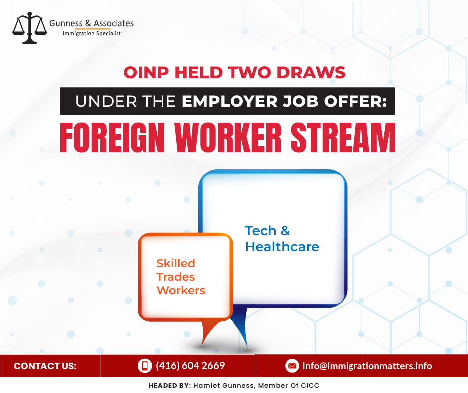 On January 9, 2024, the Government of Ontario held two draws in the Employer Job Offer Foreign Worker Stream (EJO FW) Stream of the Ontario Immigrant Nominee Program (OINP). The province issued 821 targeted invitations to apply (ITAs) to tech and healthcare occupations and 630 ITAs for skilled trades workers. The minimum scores for these draws were 40 and 33, respectively. All invitees have profiles created between January 9, 2023, and January 9, 2024. So far, the province invited 1,451 candidates under the OINP in 2024.Invited Skilled trades occupations Candidates were only invited if they had a score of 33 or higher and a job offer in one of the national occupational codes (NOC) listed below:NOC 22212 - Drafting technologists and technicians
NOC 22301 - Mechanical engineering technologists and technicians
NOC 22302 - Industrial engineering and manufacturing technologists and technicians
NOC 22311 - Electronic service technicians (household and business equipment)
NOC 22312 - Industrial instrument technicians and mechanics
NOC 70010 - Construction managers
NOC 70011 - Home building and renovation managers
NOC 70012 - Facility operation and maintenance managers
NOC 72010 - Contractors and supervisors, machining, metal forming, shaping and erecting trades and related occupations
NOC 72011 - Contractors and supervisors, electrical trades, and telecommunications occupations
NOC 72012 - Contractors and supervisors, pipefitting trades
NOC 72013 - Contractors and supervisors, carpentry trades
NOC 72014 - Contractors and supervisors, other construction trades, installers, repairers, and services
NOC 72020 - Contractors and supervisors, mechanic trades
NOC 72021 - Contractors and supervisors, heavy equipment operator crews
NOC 72022 - Supervisors, printing, and related occupations
NOC 72024 - Supervisors, motor transport, and other ground transit operators
NOC 72100 - Machinists and machining and tooling inspectors
NOC 72101 - Tool and die makers
NOC 72102 - Sheet metal workers
NOC 72103 - Boilermakers
NOC 72104 - Structural metal and plate work fabricators and fitters
NOC 72105 - Ironworkers
NOC 72106 - Welders and related machine operators
NOC 72200 - Electricians (except industrial and power system)
NOC 72201 - Industrial electricians
NOC 72203 - Electrical power line and cable workers
NOC 72204 - Telecommunications line and cable installers and repairers
NOC 72205 - Telecommunications equipment installation and cable television service technicians
NOC 72300 - Plumbers
NOC 72301 - Steamfitters, pipefitters, and sprinkler system installers
NOC 72302 - Gas fitters
NOC 72310 – Carpenters
NOC 72311 - Cabinetmakers
NOC 72320 - Bricklayers
NOC 72321 - Insulators
NOC 72400 - Construction millwrights and industrial mechanics
NOC 72401 - Heavy-duty equipment mechanics
NOC 72402 - Heating, refrigeration, and air conditioning mechanics
NOC 72403 - Railway carmen/women
NOC 72404 - Aircraft mechanics and aircraft inspectors
NOC 72406 - Elevator constructors and mechanics
NOC 72410 - Automotive service technicians, truck and bus mechanics, and mechanical repairers
NOC 72422 - Electrical Mechanics
NOC 72423 - Motorcycle, all-terrain vehicle, and other related mechanics
NOC 72500 - Crane operators
NOC 73100 - Concrete finishers
NOC 73101 - Tilesetters
NOC 73102 - Plasterers, drywall installers finishers, and lathers
NOC 73110 - Roofers and shinglers
NOC 73111 - Glaziers
NOC 73112 - Painters and decorators (except interior decorators)
NOC 73113 - Floor covering installers
NOC 73200 - Residential and commercial installers and servicers
NOC 73201 - General building maintenance workers and building superintendents
NOC 73202 - Pest controllers and fumigators
NOC 73209 - Other repairers and servicers
NOC 73300 Transport truck drivers
NOC 73301 Bus drivers, subway operators, and other transit operators
NOC 73400 - Heavy equipment operators
NOC 73402 - Drillers and blasters - surface mining, quarrying and construction
NOC 82031 - Contractors and supervisors, landscaping, grounds maintenance, and horticulture services
NOC 92100 - Power engineers and power systems operators
Ontario Immigrant Nominee Program (OINP)The Ontario Immigration Nominee Program (OINP) selects individuals who may meet the criteria for one of the immigration streams listed below through an expression of interest system. If Ontario selects you from the candidate pool, you will be invited to apply. Receiving an invitation to apply does not guarantee that you will be accepted into one of our streams.Join our RSS Feed If you want to know more details about the “OINP held two draws under the Employer Job Offer: Foreign Worker Stream" you can contact one of our immigration specialists at  Gunness & Associates.Tel: (416) 604-2669 Email: info@immigrationmatters.infoGunness & Associates has helped thousands of people successfully immigrate to Canada with their families. Our skilled and experienced immigration experts have the expertise to accurately examine your case and advise you on the best method of proceeding to serve your needs.For honest and straightforward advice, contact the expertsat Gunness & AssociatesGet a free Assessment Join our newsletter and get up-to-date immigration news Click hereAll rights reserved ©2023 Gunness & Associates