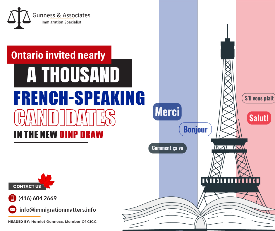 On January 18, 2024, the Ontario Immigration Nominee Program (OINP) invited candidates to the new OINP draw in the first round of invitations in Ontario’s Express Entry French-Speaking Skilled Worker stream. In this round, the OINP issued 984 Invitations to Apply for the Francophone candidates. The Comprehensive Ranking Score (CRS) range of candidates who received the Notification of Interest from the OINP was between 317 and 469 points. The Express Entry profiles of the candidates were created between January 18, 2023, and January 18, 2024. So far, in 2024, Ontario has invited 4,987 candidates under the OINP.Canadian Immigration in 2024 InsightsImmigration, Refugees and Citizenship Canada (IRCC) plans to welcome 485,000 permanent residents in 2024. The Express Entry System will continue holding category-based draws, focusing on specific labor gaps. In the first year of category-based draws, the IRCC identified to give priority to the immigration candidates included:proficient in French
recent work experience in any of the primary sectors, including trades, agri-food/agriculture, healthcare, STEM, and transportationIn addition, this year, Provincial Nominee Programs (PNPs), Canada's largest immigration pathway, will introduce new guidelines and multi-year plans. The provinces and territories will have advance notice of the 2025 allotment as the IRCC releases new multi-year plans for PNPs, which will enable them to better plan their immigration strategies.Furthermore, the International Student Program will improve its Letter of Acceptance verification system and review the Post-Graduation Work Permit program. International students in Canada hope for a PGWP extension in 2024, given the limited options for permanent residency. By mid-2023, Canada had approximately 2.2 million temporary residents, with over 1 million holding work permits - which has almost doubled in a year.Join our RSS Feed If you want to know more details about the “Ontario invited nearly a thousand French-speaking candidates in the new OINP draw" you can contact one of our immigration specialists at  Gunness & Associates.Tel: (416) 604-2669 Email: info@immigrationmatters.infoGunness & Associates has helped thousands of people successfully immigrate to Canada with their families. Our skilled and experienced immigration experts have the expertise to accurately examine your case and advise you on the best method of proceeding to serve your needs.For honest and straightforward advice, contact the expertsat Gunness & AssociatesGet a free Assessment Join our newsletter and get up-to-date immigration news Click hereAll rights reserved ©2023 Gunness & Associates