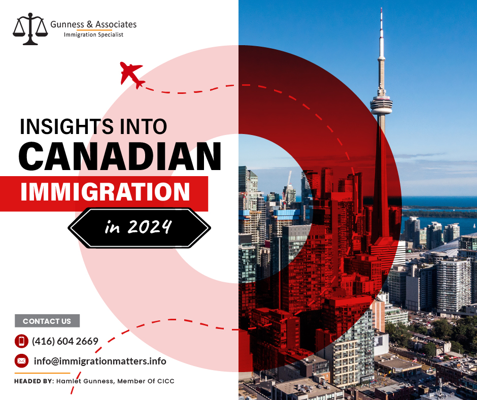 The Express Entry System,  Provincial Nominee Programs (PNPs), International Student Programs, Parents and Grandparents Program, and IRCC plans to leverage AI are a few of the insights into Canadian Immigration in 2024. Immigration, Refugees and Citizenship Canada (IRCC) plans to welcome 485,000 permanent residents in 2024. The Express Entry System will continue holding category-based draws, focusing on specific labor gaps. In the first year of category-based draws, the IRCC identified to give priority to the immigration candidates included:proficient in French
recent work experience in any of the primary sectors, including trades, agri-food/agriculture, healthcare, STEM, and transportationIn addition, this year, Provincial Nominee Programs (PNPs), Canada's largest immigration pathway, will introduce new guidelines and multi-year plans. The provinces and territories will have advance notice of the 2025 allotment as the IRCC releases new multi-year plans for PNPs, which will enable them to better plan their immigration strategies.Furthermore, the International Student Program will improve its Letter of Acceptance verification system and review the Post-Graduation Work Permit program. International students in Canada hope for a PGWP extension in 2024, given the limited options for permanent residency. By mid-2023, Canada had approximately 2.2 million temporary residents, with over 1 million holding work permits - which has almost doubled in a year. The Parents and Grandparents Program (PGP) will be increased to 32,000 in 2024 according to the new Immigration Levels Plan. The intention is to increase intake so that more PGP candidates can come to Canada.Lastly, IRCC plans to leverage AI to streamline the immigration process, and a new advisory board will focus on immigration policy. The following are some ways that the digital revolution will enhance the candidate customer experience:improving the standard for services
improved partnerships with organizations and employers
increasing the accessibility of applications by using virtual and digital technologiesJoin our RSS Feed If you want to know more details about the “Insights into Canadian Immigration in 2024" you can contact one of our immigration specialists at  Gunness & Associates.Tel: (416) 604-2669 Email: info@immigrationmatters.infoGunness & Associates has helped thousands of people successfully immigrate to Canada with their families. Our skilled and experienced immigration experts have the expertise to accurately examine your case and advise you on the best method of proceeding to serve your needs.For honest and straightforward advice, contact the expertsat Gunness & AssociatesGet a free Assessment Join our newsletter and get up-to-date immigration news Click hereAll rights reserved ©2023 Gunness & Associates