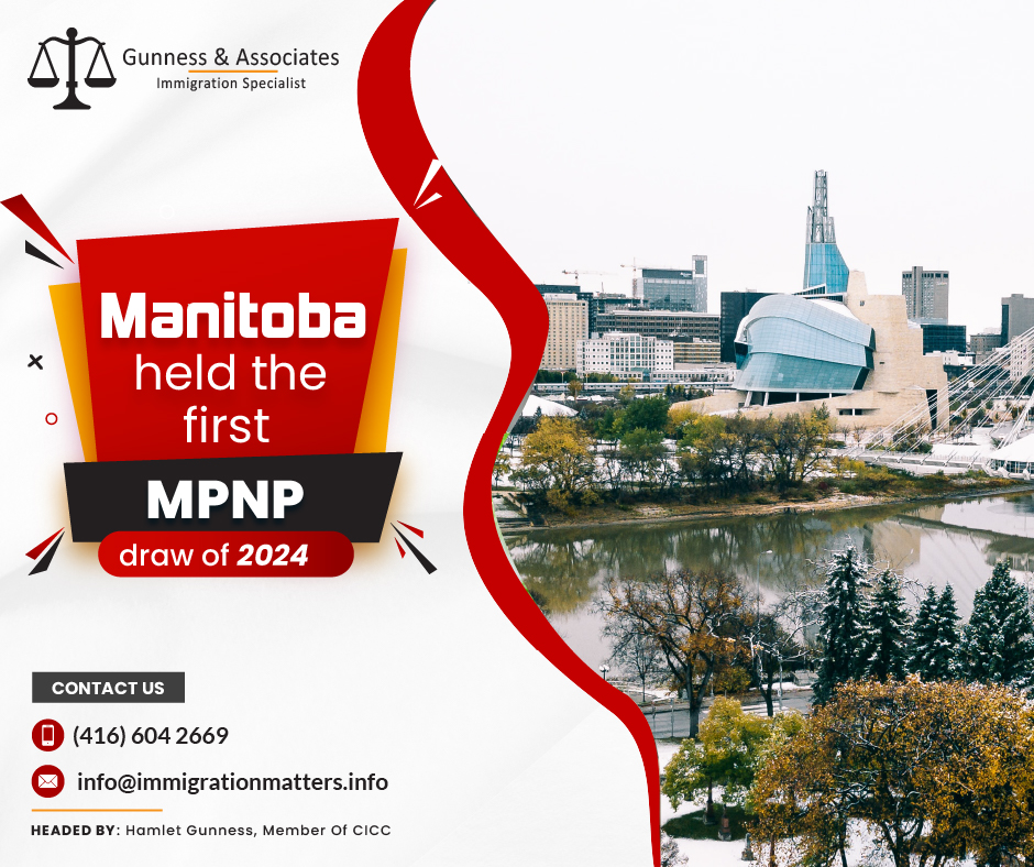 On January 11, 2024, Manitoba held the first MPNP draw of 2024. In the latest invitation round #207, Manitoba has issued LAAs to 423 candidates, including 73 express-entry candidates in the Skilled Worker in Manitoba stream, the Close relative in Manitoba selection, the Skilled Workers Overseas stream, and in the International Education Stream.Details of the First MPNP draw of 2024Manitoba held the first MPNPN draw of 2024 in the Manitoba Provincial Nominee Program (MPNP). The invited stream candidates and minimum score details are given below:Skilled Worker in Manitoba streamIn the Skilled Worker in Manitoba stream, the MPNP invited 166 candidates with a minimum score of 823. Close relative in Manitoba selectionAdditionally, the MPNP invited 168 candidates under the Close relative in Manitoba selection with a minimum score of 607. Skilled Worker in Manitoba profiles declaring a Manitoba Supporter who is a close relative, a Canadian permanent resident or citizen, a long-term Manitoba resident, and has lived in Manitoba for at least one year were considered.Skilled Workers Overseas streamIn the Skilled Workers Overseas stream, MPNP issued 31 LAAs to candidates invited under the Strategic Recruitment Initiative. International Education StreamThe lowest score in the SWO category was 639 points. Finally, 58 invitations were issued in the International Education Stream. Invitations under the "Close Relative in Manitoba Selection" category were sent out to skilled workers in the Manitoba stream for only the third time during an EOI draw held by Manitoba. These draws were previously held on November 30, 2023, and December 28, 2023. In 2023, MPNP invited 16,306 candidates, and 4,456 of them received invitations in the Express Entry. Immigration to Manitoba in 2024The Manitoba PNP successfully draws an expression of interest to begin the program in 2024. The first MPNP draw 2024 establishes a favorable example for the year by highlighting Manitoba's dedication to attracting talented people through an open and competitive process. It is anticipated that the Manitoba PNP will maintain its proactive immigration policy as 2024 progresses by holding regular draws and extending invitations to skilled workers who meet the province's economic requirements. It is advised that prospective immigrants keep up with announcements and opportunities related to the program. Join our RSS Feed If you want to know more details about the “Manitoba held the first MPNP draw of 2024" you can contact one of our immigration specialists at  Gunness & Associates.Tel: (416) 604-2669 Email: info@immigrationmatters.infoGunness & Associates has helped thousands of people successfully immigrate to Canada with their families. Our skilled and experienced immigration experts have the expertise to accurately examine your case and advise you on the best method of proceeding to serve your needs.For honest and straightforward advice, contact the expertsat Gunness & AssociatesGet a free Assessment Join our newsletter and get up-to-date immigration news Click hereAll rights reserved ©2023 Gunness & Associates