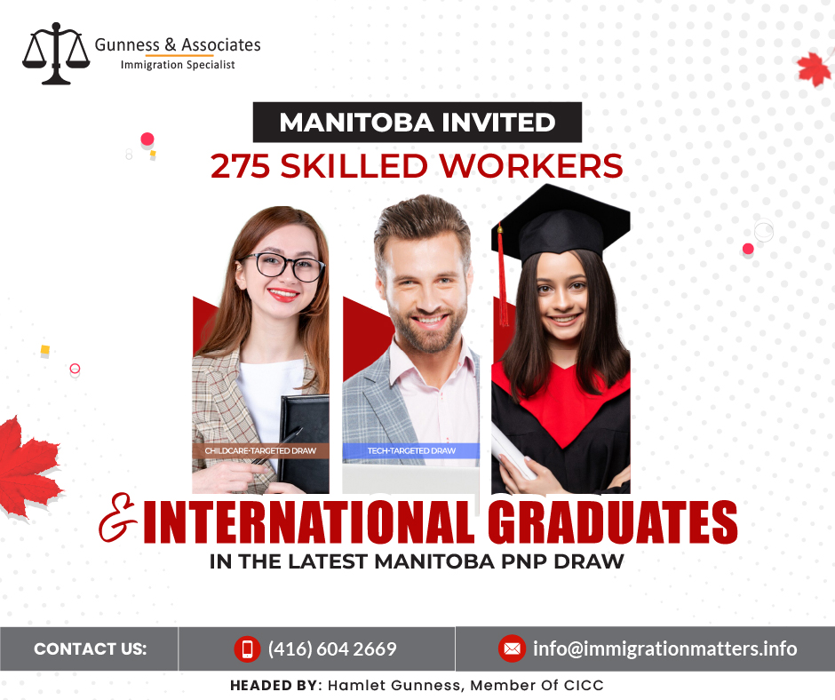 On January 25, 2024, Manitoba held a new invitation round in the Manitoba Provincial Nominee Program (MPNP). In the Manitoba PNP Draw 208, the MPNP invited 156 applicants under the Completed post-secondary study in Manitoba selection with a minimum score of 772. In the Skilled Workers Overseas stream, MPNP issued 41 LAAs to candidates invited under the Strategic Recruitment Initiative. The lowest score in the SWO category was 713 points, 74 points more than in the previous draw. In addition, 78 invitations were issued in the International Education Stream. In this round, Manitoba has issued LAAs to 275 candidates, including 29 express-entry candidates. In 2024, MPNP invited 698 candidates, and 102 of them received invitations in the Express Entry.Manitoba Expression of Interest SystemThe Expression of Interest (EOI) ranking system applies to the Skilled Worker and International Education Stream pathways. The Business Investor Stream pathways each have their process for submitting an EOI. Submitting an EOI is the first step toward obtaining permanent residency in Manitoba through the Manitoba Provincial Nominee Program (MPNP).An EOI is not a formal application, but rather a profile. Anyone interested in applying to the MPNP must first submit an Expression of Interest (EOI). Candidates answer a series of questions and are assigned EOI ranking points based on their responses. The candidate is then added to a pool of all qualified candidates. On a regular basis, the MPNP invites the highest-scoring candidates in the pool to submit a full application to the MPNP.Join our RSS Feed If you want to know more details about the “Manitoba invited 275 skilled workers and international graduates in the Manitoba PNP Draw 208" you can contact one of our immigration specialists at  Gunness & Associates.Tel: (416) 604-2669 Email: info@immigrationmatters.infoGunness & Associates has helped thousands of people successfully immigrate to Canada with their families. Our skilled and experienced immigration experts have the expertise to accurately examine your case and advise you on the best method of proceeding to serve your needs.For honest and straightforward advice, contact the expertsat Gunness & AssociatesGet a free Assessment Join our newsletter and get up-to-date immigration news Click hereAll rights reserved ©2023 Gunness & Associates