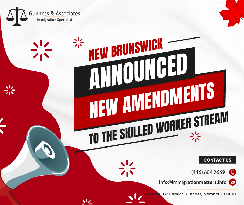 New Brunswick announced new amendments to the New Brunswick Skilled Worker Stream
Effective from January 1, 2024, the New Brunswick Provincial Nominee Program implemented a few changes to the New Brunswick Skilled Worker Stream: Firstly, ITAs will continue to be issued to in-province candidates who hold a qualifying job offer, provided they have demonstrated a minimum of six months residency in New Brunswick. Secondly, out-of-province and overseas candidates will only receive ITAs if their qualifying job offer falls under NOC TEER 5. Lastly, no new ITAs will be issued to any out-of-province or overseas candidates whose job offer falls under NOC TEER 0, 1, 2, 3, or 4.#New_Brunswick, #NBPNP, #skilled_workers, #New_Brunswick_Skilled_Worker_Stream
