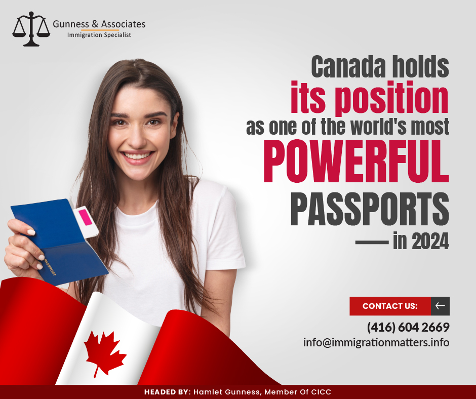 In 2024, Canada's passport, although trailing the US, remains one of the world's most powerful passports in 2024, according to the Passport Index. Ranking seventh globally, it shares this position with countries like Australia and Estonia. Assessed on visa-free and visa-on-arrival privileges, Canada's Mobility Score is 173, with visa-free access to 124 countries and visa-on-arrival for 49. However, Canadians require visas for 25 countries, including China and Russia. The US and the UK ranked higher, while the UAE led with a score of 180. European countries largely hold the top ranks. The Canadian passport gained an outstanding overall mobility score, proving the freedom it provides to its holders, based on the immense amount of mobility it provides. Based on the following criteria: Visa-free, Visa-on-arrival, Electronic Travel Authorization (eTA), and eVisa issued within 3 days—this score is an average of those variables.117 countries are open to Canadian travel without the hassle of a visa, and 50 more countries require on-arrival. An eTA will be required for six specific locations, while a visa is needed for 25 countries.Even though the rankings could vary, one thing is sure: the Canadian passport is still a strong document that allows its holders to travel and take advantage of endless opportunities. It represents not only citizenship but also the ability to cross borders, engage in cross-cultural relationships, and create lifelong memories.With travelers eagerly planning their next journeys and creating bucket lists, the value, and authority of a passport have become more acknowledged. Furthermore, the passport symbolizes Canada's global reach and the vast world that continues to be explored.World's Most Powerful Passports in 2024The world's most powerful passports in 2024, as ranked by the Henley Passport Index, have released their 2024 list:France, Germany, Italy, Japan, Singapore, Spain (194 destinations)
Finland, South Korea, Sweden (193 destinations)
Austria, Denmark, Ireland, the Netherlands (192 destinations)
Belgium, Luxembourg, Norway, Portugal, United Kingdom (191 destinations)
Greece, Malta, Switzerland (190 destinations)
Australia, Czech Republic, New Zealand, Poland (189 destinations)
Canada, Hungary, United States (188 destinations)
Estonia, Lithuania (187 destinations)
Latvia, Slovakia, Slovenia (186 destinations)
Iceland (185 destinations)Join our RSS Feed If you want to know more details about the “Canada holds its position as one of the world's most influential passports in 2024" you can contact one of our immigration specialists at  Gunness & Associates.Tel: (416) 604-2669 Email: info@immigrationmatters.infoGunness & Associates has helped thousands of people successfully immigrate to Canada with their families. Our skilled and experienced immigration experts have the expertise to accurately examine your case and advise you on the best method of proceeding to serve your needs.For honest and straightforward advice, contact the expertsat Gunness & AssociatesGet a free Assessment Join our newsletter and get up-to-date immigration news Click hereAll rights reserved ©2023 Gunness & Associates