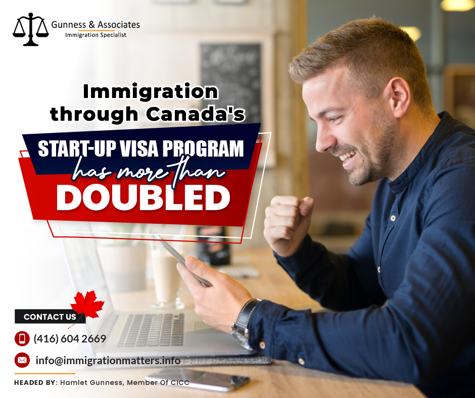 In November, a 32.5% drop was observed in Start-Up Visa (SUV) entrepreneur immigration, following a rebound in October, as per data from Immigration, Refugees and Citizenship Canada (IRCC). The IRCC has set goals to welcome 5,000, 6,000, and 6,000 new residents via the SUV in 2024, 2025, and 2026 respectively. Despite a slowdown in November, the program is expected to achieve record permanent resident admissions by the end of 2023. Until November, the SUV had facilitated the arrival of 1,145 new residents, marking a 104.5% increase from the previous year. Most SUV immigrants choose Ontario and British Columbia as their destinations, with Alberta, Manitoba, and Nova Scotia also seeing some arrivals.Before their application for permanent residence is processed, candidates under the SUV program may initially enter Canada with a work permit supported by their designated Canadian investor.Canada’s Start-up Visa ProgramEntrepreneurs eyeing Canada’s Start-Up Visa program can anticipate a wealth of opportunities, with Canada's commitment to innovation and economic development creating an environment ripe for success. The program not only facilitates permanent residency but also provides a launching pad for individuals to turn their groundbreaking ideas into thriving businesses. Canada's Start-Up Visa program stands as a beacon for immigrant entrepreneurs, offering a pathway to permanent residency and the chance to contribute to one of the world's most dynamic and inclusive economiesThe start-up visa program may make it possible for entrepreneurs to immigrate to Canada. Canada is on a search for bright entrepreneurs who are eager to start businesses that will boost its economy and offer job opportunities to its citizens. The Start-up Visa Program in Canada encourages immigrant business owners who have the skills and ability to start successful businesses in Canada:Who are Innovative
Can create jobs for Canadians
Can compete on a global scaleJoin our RSS Feed If you want to know more details about the “Immigration through Canada's Start-Up Visa program has more than doubled" you can contact one of our immigration specialists at  Gunness & Associates.Tel: (416) 604-2669 Email: info@immigrationmatters.infoGunness & Associates has helped thousands of people successfully immigrate to Canada with their families. Our skilled and experienced immigration experts have the expertise to accurately examine your case and advise you on the best method of proceeding to serve your needs.For honest and straightforward advice, contact the expertsat Gunness & AssociatesGet a free Assessment Join our newsletter and get up-to-date immigration news Click hereAll rights reserved ©2023 Gunness & Associates