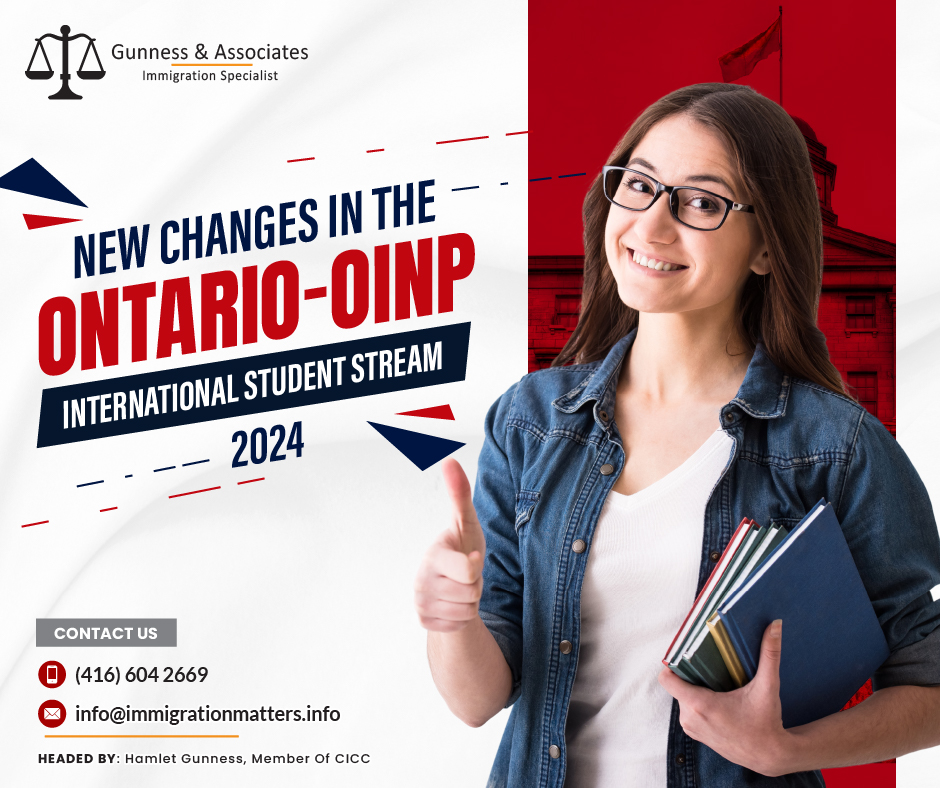 Candidates with one-year college graduate certificates are eligible for OINP’s Employer Job Offer: International Student Stream. On January 2, 2024, the Government of Ontario announced changes to the eligibility requirements of the Ontario-OINP International Student stream 2024. According to the new update, as of January 1, 2024, international students who have completed a one-year college graduate certificate are eligible for OINP’s EJO IS stream. Before, the OINP's EJO IS stream permitted candidates to apply with a one-year college graduate certificate only if the program demanded degree completion as an entry requirement.The Expression of Interest (EOI) scoring factors for additional Canadian educational credentials and the highest educational credential have been revised to reflect this change. Existing registrants who have not been invited to apply are encouraged to review the updated EOI.The list of eligible educational institutions for this stream has also been revised.We encourage potential applicants to check their eligibility criteria to ensure they meet all stream requirements and apply for the updated requirements and scoring.Ontario Employer Job Offer: International Student StreamUnder the Employer Job Offer program, international students who are granted a job in a skilled occupation can apply for permanent residence in Ontario under the International Student stream. The National Occupational Classification's (NOC) TEER (Training, Education, Experience, and Responsibilities) categories 0, 1, 2, or 3 must apply to the job offer for it to be eligible.Join our RSS Feed If you want to know more details about the “New changes in the Ontario-OINP international student stream 2024" you can contact one of our immigration specialists at  Gunness & Associates.Tel: (416) 604-2669 Email: info@immigrationmatters.infoGunness & Associates has helped thousands of people successfully immigrate to Canada with their families. Our skilled and experienced immigration experts have the expertise to accurately examine your case and advise you on the best method of proceeding to serve your needs.For honest and straightforward advice, contact the expertsat Gunness & AssociatesGet a free Assessment Join our newsletter and get up-to-date immigration news Click hereAll rights reserved ©2023 Gunness & Associates