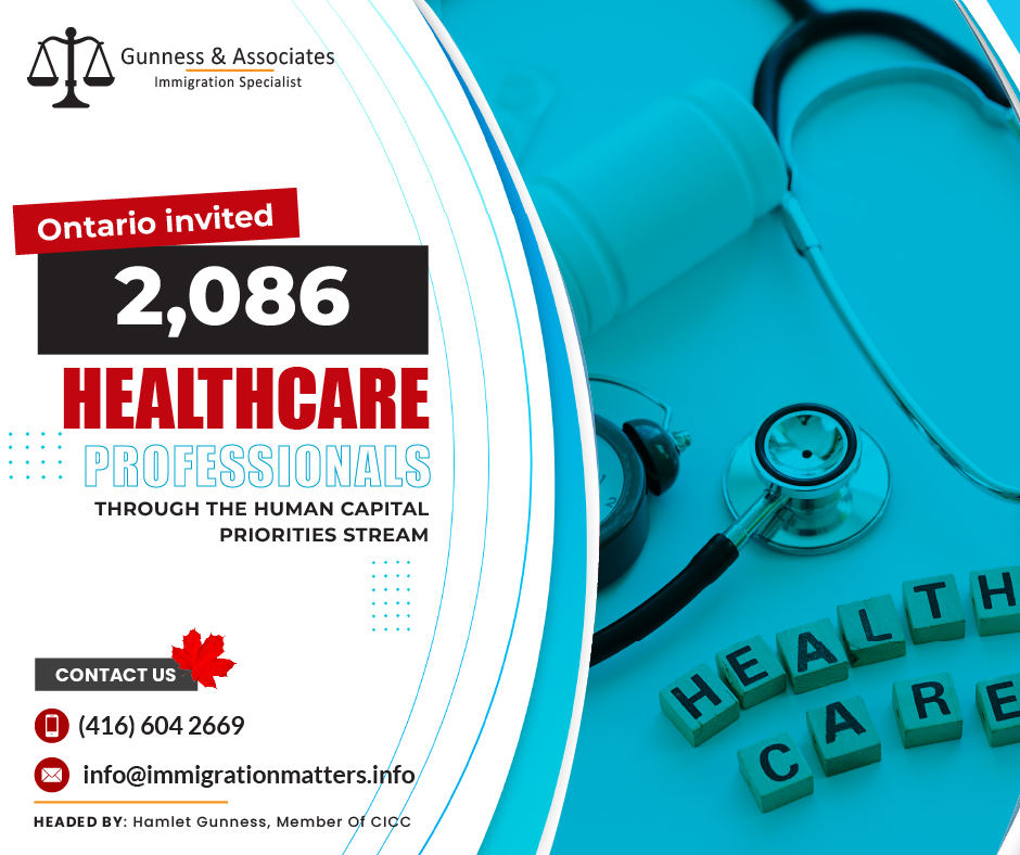 On February 6, 2024, Ontario invited 2,086 healthcare professionals through the OINP-HCP Stream. It was the first invitation draw of the year under the Human Capital Priorities Stream. The OINP issued 2,086 targeted Notifications of Interest (NOIs) to healthcare professionals with work experience in 42 National Occupational Classification (NOC) codes. Invited candidates' comprehensive ranking system (CRS) Express Entry score was between 379 and 430 points. Last year, the province invited 17,502 candidates through fourteen Express Entry Human Capital Priorities Stream draws. In 2024, Ontario issued 10,208 invitations under all streams of OINP.Healthcare Occupations invited in this OINP-HCP StreamThe list of the Healthcare Occupations invited in this OINP-HCP Stream is given below:NOC 30010 - Managers in healthcare
NOC 31100 - Specialists in clinical and laboratory medicine
NOC 31101 - Specialists in surgery
NOC 31102 - General practitioners and family physicians
NOC 31103 - Veterinarians
NOC 31110 - Dentists
NOC 31111 - Optometrists
NOC 31112 - Audiologists and speech-language pathologists
NOC 31120 - Pharmacists
NOC 31121 - Dietitians and nutritionists
NOC 31201 - Chiropractors
NOC 31202 - Physiotherapists
NOC 31203 - Occupational therapists
NOC 31204 - Kinesiologists and other professional occupations in therapy and assessment
NOC 31209 - Other professional occupations in health diagnosing and treating
NOC 31300 - Nursing coordinators and supervisors
NOC 31301 - Registered nurses and registered psychiatric nurses
NOC 31302 - Nurse practitioners
NOC 31303 - Physician assistants, midwives, and allied health professionals
NOC 32100 - Opticians
NOC 32101 - Licensed practical nurses
NOC 32102 - Paramedical occupations
NOC 32103 - Respiratory therapists, clinical perfusionists, and cardiopulmonary technologists
NOC 32104 - Animal health technologists and veterinary technicians
NOC 32109 - Other technical occupations in therapy and assessment
NOC 32110 - Denturists
NOC 32111 - Dental hygienists and dental therapists
NOC 32112 - Dental technologists and technicians
NOC 32120 - Medical laboratory technologists
NOC 32121 - Medical radiation technologists
NOC 32122 - Medical sonographers
NOC 32123 - Cardiology technologists and electrophysiological diagnostic technologists
NOC 32124 - Pharmacy technicians
NOC 32129 - Other medical technologists and technicians
NOC 32200 - Traditional Chinese medicine practitioners and acupuncturists
NOC 32201 - Massage therapists
NOC 32209 - Other practitioners of natural healing
NOC 33100 - Dental assistants and dental laboratory assistants
NOC 33101 - Medical laboratory assistants and related technical occupations
NOC 33102 - Nurse aides, orderlies, and patient service associates
NOC 33103 - Pharmacy technical assistants and pharmacy assistants
NOC 33109 - Other assisting occupations in support of health services
The Human Capital Priorities (HCP) stream of OINPThe Human Capital Priorities (HCP) stream, which is administered by the Ontario Immigrant Nominee Program (OINP), aims to draw in highly qualified and experienced foreign workers who can support the expansion and advancement of the province's economy. Through 14 HCP draws, Ontario invited 17, 502 candidates in total in 2023.The Federal Skilled Worker Program, the Federal Skilled Trades Program, and the Canadian Experience Class are the three federal economic immigration programs for which this stream is in line with the Express Entry system of the federal government.Join our RSS Feed If you want to know more details about “Ontario invited 2,086 healthcare professionals through the OINP-HCP Stream" you can contact one of our immigration specialists at  Gunness & Associates.Tel: (416) 604-2669 Email: info@immigrationmatters.infoGunness & Associates has helped thousands of people successfully immigrate to Canada with their families. Our skilled and experienced immigration experts have the expertise to accurately examine your case and advise you on the best method of proceeding to serve your needs.For honest and straightforward advice, contact the expertsat Gunness & AssociatesGet a free Assessment Join our newsletter and get up-to-date immigration news Click hereAll rights reserved ©2023 Gunness & Associates