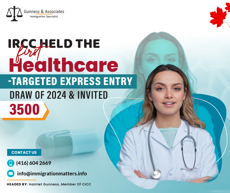 On February 14, 2024, IRCC held the 1st healthcare-targeted Express Entry draw of 2024 and issued 3,500 Invitations to Apply (ITA) to candidates working in healthcare occupations. In round #284, the cut-off score was 422 points, nine points fewer than in the previous healthcare-targeted Express Entry draw and the lowest ever since IRCC launched the category. The tie-breaking rule for this round was January 30, 2024, at 02:39:54 UTC. As of February 11, 2024, there were 211,273 profiles registered in the Express Entry pool. This year, Canada issued 15,270 ITAs in 6 Express Entry draws.Furthermore, 2024 witnessed a total issuance of 15,270 ITAs across six Express Entry draws, highlighting Canada's commitment to welcoming skilled individuals from around the globe. This concerted effort aligns with the nation's ongoing endeavor to address labor shortages and bolster its healthcare workforce, especially in light of global challenges such as the pandemic.To start your career in Canada as a Healthcare Specialist, You need to get legal assistance from Gunness & AssociatesAspiring immigrants in the healthcare sector can view this latest Express Entry draw as a beacon of hope, offering promising pathways to realize their dreams of living and working in Canada. With a streamlined selection process and favorable cut-off scores, the Express Entry system continues to serve as a vital avenue for skilled professionals seeking to contribute to Canada's vibrant healthcare landscape.IRCC's recent healthcare-targeted Express Entry draw underscores Canada's unwavering commitment to attracting and retaining top-tier talent in critical sectors. As the year unfolds, prospective immigrants can look forward to more opportunities to embark on a new chapter of their careers in the thriving healthcare industry of Canada.Occupations in the 1st Healthcare-targeted Express Entry DrawHealthcare Occupations in the express entry with respective NOC Codes are given below:NOC Code: 31112 Audiologists and speech-language pathologists 
NOC Code: 31201Chiropractors
NOC Code: 31110 Dentists
NOC Code: 31121 Dieticians and nutritionists
NOC Code: 41320 Education counselors
NOC Code: 31102 General practitioners and family physicians
NOC Code: 42203 Instructors of persons with disabilities
NOC Code: 31204Kinesiologists and other professional occupations in therapy and assessment
NOC Code: 32101 Licensed practical nursesNOC Code: 32201 Massage therapists
NOC Code: 33101 Medical laboratory assistants and related technical occupations
NOC Code: 32120 Medical laboratory technologists
NOC Code: 32121 Medical radiation technologists
NOC Code: 32122 Medical sonographers
NOC Code: 33102 Nurse aides, orderlies, and patient service associates
NOC Code: 31302 Nurse practitioners
NOC Code: 31300 Nursing coordinators and supervisors
NOC Code: 31203 Occupational therapists
NOC Code: 31111 Optometrists
NOC Code: 33109 Other assisting occupations in support of health services
NOC Code: 32209 Other practitioners of natural healing
NOC Code: 31209 Other professional occupations in health diagnosing and treating
NOC Code: 32109 Other technical occupations in therapy and assessment
NOC Code: 32102 Paramedical occupations
NOC Code: 33103 Pharmacy technical assistants and pharmacy assistants
NOC Code: 31303 Physician assistants, midwives, and allied health professionals
NOC Code: 31202 Physiotherapists
NOC Code: 31200 Psychologists
NOC Code: 31301 Registered nurses and registered psychiatric nurses
NOC Code: 32103Respiratory therapists, clinical perfusionists, and cardiopulmonary technologists
NOC Code: 31100 Specialists in clinical and laboratory medicine
NOC Code: 31101 Specialists in surgery
NOC Code: 41301 Therapists in counseling and related specialized therapies
NOC Code: 32200 Traditional Chinese medicine practitioners and acupuncturists
NOC Code: 31103 VeterinariansJoin our RSS Feed If you want to know more details about “IRCC held the first healthcare-targeted Express Entry draw of 2024" you can contact one of our immigration specialists at  Gunness & Associates.Tel: (416) 604-2669 Email: info@immigrationmatters.infoGunness & Associates has helped thousands of people successfully immigrate to Canada with their families. Our skilled and experienced immigration experts have the expertise to accurately examine your case and advise you on the best method of proceeding to serve your needs.For honest and straightforward advice, contact the expertsat Gunness & AssociatesGet a free Assessment Join our newsletter and get up-to-date immigration news Click hereAll rights reserved ©2023 Gunness & Associates