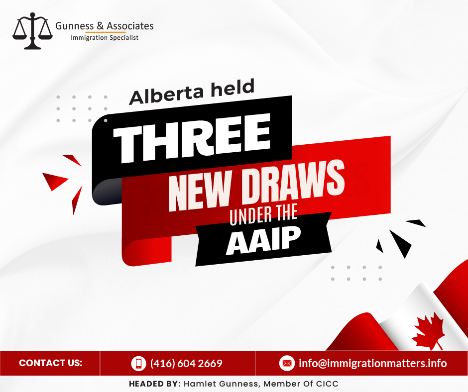 Alberta held three new draws under the AAIP on On February 12, 2024, in the Alberta Advantage Immigration Program (AAIP) inventory. According to the new update, there were around 5,093 Alberta Opportunity Stream applications, 1,477 Rural Renewal Stream applications, and 766 Alberta Express Entry Stream applications. In addition, on January 30 and February 6, 2024, the AAIP invited 22 and 44 candidates under the Dedicated Healthcare Pathway, respectively. On February 1, 2024, the province invited 80 candidates working in construction occupations. This year, Alberta invited 254 candidates through the AAIP streams.Overall, the AAIP draws in 2024 have resulted in the invitation of 254 candidates across various streams, showcasing Alberta's commitment to attracting skilled individuals who can contribute to the province's economic growth and development.For prospective immigrants, Alberta's AAIP presents a compelling opportunity to pursue their career aspirations in a province known for its vibrant communities, robust economy, and high quality of life. As Alberta continues to welcome newcomers through its innovative immigration programs, the province remains a top destination for individuals seeking new beginnings and promising opportunities.Alberta's latest immigration draws under the AAIP underscore the province's proactive approach to addressing labor shortages and attracting skilled talent. With its diverse streams and strategic pathways, the AAIP stands as a beacon of opportunity for immigrants looking to make Alberta their new home.About the Alberta Advantage Immigration ProgramThe Alberta Advantage Immigration Program (AAIP) is a provincial immigration initiative designed to attract skilled workers and entrepreneurs to Alberta, Canada. Launched by the Government of Alberta, the program offers various streams and pathways through which individuals can apply for permanent residency in the province.The AAIP consists of several streams, each catering to different categories of applicants based on their skills, work experience, and qualifications. These streams may include the Alberta Opportunity Stream, which targets individuals who have a job offer from an Alberta employer in a designated occupation, the Rural Renewal Stream, which aims to encourage immigration to rural areas of Alberta, and the Alberta Express Entry Stream, which aligns with the federal Express Entry system to facilitate the immigration process for skilled workers.One of the notable features of the AAIP is its ability to address specific labor market needs and shortages within the province. Through targeted pathways such as the Dedicated Healthcare Pathway and initiatives like invitations to candidates working in construction occupations, the program aims to attract individuals who can contribute to key sectors of Alberta's economy.Join our RSS Feed If you want to know more details about “Alberta held three new draws under the AAIP" you can contact one of our immigration specialists at  Gunness & Associates.Tel: (416) 604-2669 Email: info@immigrationmatters.infoGunness & Associates has helped thousands of people successfully immigrate to Canada with their families. Our skilled and experienced immigration experts have the expertise to accurately examine your case and advise you on the best method of proceeding to serve your needs.For honest and straightforward advice, contact the expertsat Gunness & AssociatesGet a free Assessment Join our newsletter and get up-to-date immigration news Click hereAll rights reserved ©2023 Gunness & Associates