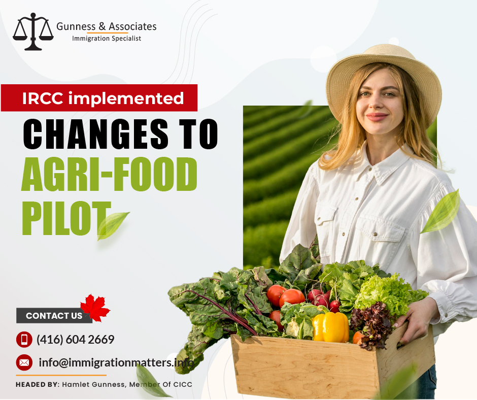 On February 12, 2024, Immigration, Refugees and Citizenship Canada (IRCC) announced further revisions to the Agri-Food Pilot Program. These changes aim to make the program more accessible and beneficial to both workers and employers in the agri-food sector. In line with the instructions announced on May 8, 2023, the Government of Canada updated the Agri-Food Pilot program to include the following changes: applicants in Canada now have the flexibility to meet either the job offer or education requirements and submit work experience gained under an open work permit for vulnerable workers.These changes have positive implications for both employees and employers in the agri-food sector. By providing more flexibility in meeting eligibility criteria, the revised program attracts a more diverse set of candidates, including those who may have gained relevant experience through alternative channels such as open work permits. This inclusivity not only expands the talent pool available to employers but also fosters a more equitable and accommodating environment for workers seeking employment in the agri-food industry.IRCC's changes to the Agri-Food Pilot Program are a significant step toward improving accessibility and effectiveness in Canada's agricultural workforce. By embracing flexibility in meeting eligibility requirements and recognizing alternative pathways to relevant experience, the revised program shows the government's commitment to assisting both workers and employers in the agri-food sector. As these changes take effect, aspiring applicants and industry stakeholders alike will benefit from a more inclusive and dynamic environment, paving the way for continued growth and prosperity in Canada's vital agri-food sector.Join our RSS Feed If you want to know more details about “IRCC implemented changes to the Agri-Food Pilot Program" you can contact one of our immigration specialists at  Gunness & Associates.Tel: (416) 604-2669 Email: info@immigrationmatters.infoGunness & Associates has helped thousands of people successfully immigrate to Canada with their families. Our skilled and experienced immigration experts have the expertise to accurately examine your case and advise you on the best method of proceeding to serve your needs.For honest and straightforward advice, contact the expertsat Gunness & AssociatesGet a free Assessment Join our newsletter and get up-to-date immigration news Click hereAll rights reserved ©2023 Gunness & Associates