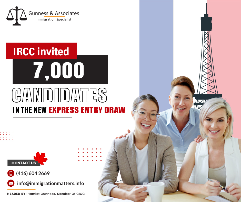 On February 1, 2024, Immigration, Refugees and Citizenship Canada (IRCC) held a new Express Entry draw 282 for French language proficiency candidates. In round #282, IRCC issued 7,000 Invitations to Apply (ITA) to francophone candidates. The cut-off score of this draw was 365 points, 105 points fewer than the previous draw for this category. The tie-breaking rule for this round was September 8, 2023, at 09:47:27 UTC. As of January 30, 2023, there were 215,726 profiles registered in the Express Entry pool. This year, Canada issued 10,280 ITAs through the Express Entry draws.Express Entry in 2023In 2023, Canada's Express Entry application management system underwent significant transformations. Throughout the year's first half, Express Entry maintained several patterns established in 2022, resuming draws after an 18-month hiatus. These draws encompassed various formats, including all-program draws, Provincial Nominee Program-only draws, and, on one occasion, the draw exclusively for Federal Skilled Workers. May marked the introduction of six new categories for Express Entry draws by the Immigration, Refugees, and Citizenship Canada (IRCC). This change allowed targeted draws for specific occupations like healthcare, STEM, transport, etc., to address labor market needs. Join our RSS Feed If you want to know more details about “IRCC invited 7,000 candidates in the new Express Entry draw" you can contact one of our immigration specialists at  Gunness & Associates.Tel: (416) 604-2669 Email: info@immigrationmatters.infoGunness & Associates has helped thousands of people successfully immigrate to Canada with their families. Our skilled and experienced immigration experts have the expertise to accurately examine your case and advise you on the best method of proceeding to serve your needs.For honest and straightforward advice, contact the expertsat Gunness & AssociatesGet a free Assessment Join our newsletter and get up-to-date immigration news Click hereAll rights reserved ©2023 Gunness & Associates