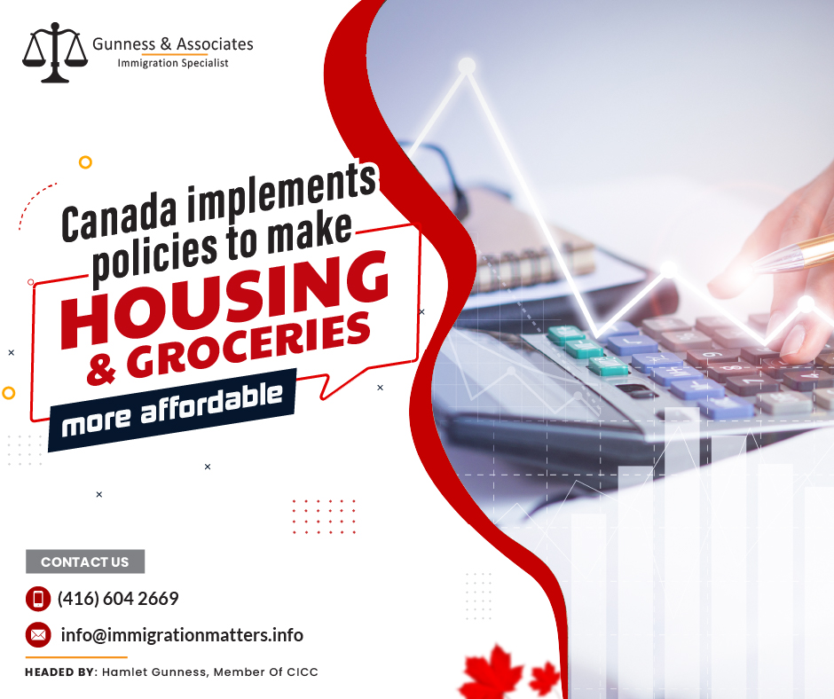 Canada implements policies to make housing and groceries more affordable. A recent Leger poll revealed that 83% of 1522 newcomers in Canada are struggling with the rising cost of living. Similarly, Statistics Canada found that over a third of newcomers spend more than a third of their pre-tax income on rent. To address this, the federal government announced new affordability measures. First, the Deputy Prime Minister announced a $99 million national increase to the Canada Housing Benefit, which helps to make rent more affordable by sending rent support payments directly to Canadians. This increase brings the federal government's contribution to the Canada Housing Benefit to $325 million in 2023-24, which will go directly to low-income renters via provincial and territorial rent support programs. By 2027-28, the Canada Housing Benefit will have contributed to making rent more affordable for over 300,000 low-income households.Other measures include the $4 billion Housing Accelerator Fund to boost housing production, the Canadian Mortgage Charter for mortgage relief, and the Tax-Free Home Savings Account, allowing first-time buyers to save CAD 40,000 tax-free for a downpayment. To help make groceries and other essentials more affordable, the Honourable François-Philippe Champagne, Minister of Innovation, Science, and Industry, has tripled federal funding for Canada's Contributions Program for Non-profit Consumer and Voluntary Organizations to $5 million annually. Minister Champagne announced new projects in collaboration with consumer advocacy groups to investigate and expose price inflation and harmful business practices, such as shrinkflation and skimpflation in the grocery industry, as well as other forms of corporate greed that have put Canadians' prices for everyday goods.Join our RSS Feed If you want to know more details about “Canada implements policies to make housing and groceries more affordable" you can contact one of our immigration specialists at  Gunness & Associates.Tel: (416) 604-2669 Email: info@immigrationmatters.infoGunness & Associates has helped thousands of people successfully immigrate to Canada with their families. Our skilled and experienced immigration experts have the expertise to accurately examine your case and advise you on the best method of proceeding to serve your needs.For honest and straightforward advice, contact the expertsat Gunness & AssociatesGet a free Assessment Join our newsletter and get up-to-date immigration news Click hereAll rights reserved ©2023 Gunness & Associates