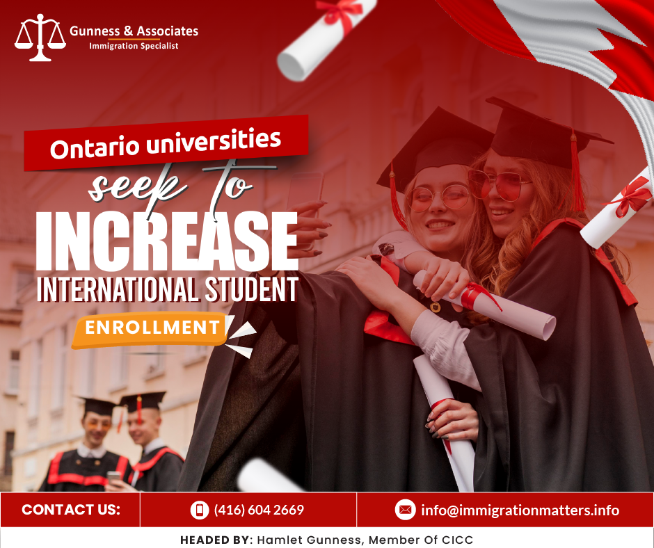 Ontario universities are requesting 35% of the capped study permit applications, equating to 82,250 of 235,000 applications from international students. The Council of Ontario Universities (COU) seeks to distribute these allocations based on each university's proportion of international student enrollment. The COU aims to welcome 28,000 international students next year, maintaining their representation at around 20% of all students. This initiative comes as part of a broader strategy by the COU to distribute study permit allocations based on each university's current proportion of international student enrollment. By doing so, they hope to maintain a diverse and inclusive learning environment across Ontario's higher education landscape.The benefits of attracting more international students extend beyond cultural enrichment. These students contribute to the academic discourse, bringing diverse perspectives and experiences that enrich classroom discussions and research endeavors. Moreover, their presence enhances the overall campus experience for both domestic and international students alike, fostering a vibrant and cosmopolitan atmosphere.In addition to the academic advantages, international students also play a vital role in Ontario's economy. They inject billions of dollars annually into the local economy through tuition fees, living expenses, and other expenditures, supporting jobs and businesses across the province.As Ontario's universities navigate the complexities of the global education landscape, their commitment to increasing international student enrollment remains unwavering. Despite the challenges posed by the capped study permit applications, they are determined to continue attracting top talent from around the world, enriching their campuses and communities in the process. By prioritizing diversity, inclusivity, and academic excellence, Ontario's universities are poised to remain at the forefront of global higher education.Join our RSS Feed If you want to know more details about “Ontario universities seek to increase international student enrolment" you can contact one of our immigration specialists at  Gunness & Associates.Tel: (416) 604-2669 Email: info@immigrationmatters.infoGunness & Associates has helped thousands of people successfully immigrate to Canada with their families. Our skilled and experienced immigration experts have the expertise to accurately examine your case and advise you on the best method of proceeding to serve your needs.For honest and straightforward advice, contact the expertsat Gunness & AssociatesGet a free Assessment Join our newsletter and get up-to-date immigration news Click hereAll rights reserved ©2023 Gunness & Associates