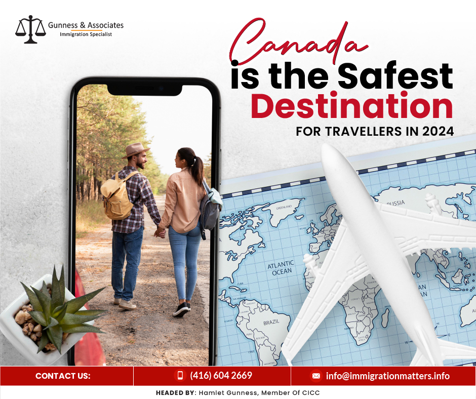 Canada is rated the safest country to travel in 2024, moving from sixth in 2023. It topped the safety rankings for transportation, absence of violent crime, health measures, and safety for women, LGBTQIA+, and BIPOC. The ranking is part of Berkshire Hathaway Travel Protection’s Safest Destinations report, which relies on surveys, the Global Peace Index, the State Department’s travel safety ratings, and GeoSure Global scores. The company defined a safe place free from terrorism, disease outbreaks, discrimination, and harassment. They attributed Canada's top rank to its cold weather and low population density but warned of natural disasters like wildfires and avalanches. Despite this, reviews were largely positive. Safest Country to Travel in 2024In an era where safety and security are paramount concerns for travelers worldwide, Canada has emerged as the premier choice for those seeking a secure and welcoming destination. According to Berkshire Hathaway Travel Protection's latest Safest Destinations report, Canada has claimed the coveted title of the safest travel destination for 2024, marking a significant ascent from its sixth-place ranking in the previous year.To explore the world's safest Country in 2024, You need to get a free legal assessmentThis accolade comes as no surprise to those familiar with Canada's reputation for excellence in various aspects of safety. The country excelled across multiple criteria, including transportation safety, the absence of violent crime, stringent health measures, and a commitment to ensuring the safety and inclusion of all travelers, including women, LGBTQIA+ individuals, and BIPOC communities.The methodology behind this ranking involved a comprehensive assessment, drawing upon surveys, the Global Peace Index, the State Department's travel safety ratings, and GeoSure Global scores. Berkshire Hathaway Travel Protection defined a safe destination as one that is free from threats such as terrorism, disease outbreaks, discrimination, and harassment.Canada's rise to the top of the safety rankings can be attributed to several key factors. The nation's cold weather and low population density were cited as contributing factors to its overall safety profile. Moreover, Canada's robust infrastructure and proactive measures in ensuring the well-being of its residents and visitors have played a pivotal role in earning this accolade.Other nations featured prominently in the Safest Destinations report include Switzerland, ranked second, followed closely by Norway, Ireland, and the Netherlands. While these countries offer their unique charms and attractions, Canada's unparalleled safety standards and inclusive atmosphere set it apart as the premier choice for travelers seeking peace of mind.As the world continues to navigate an ever-changing landscape of travel advisories and safety concerns, Canada stands as a beacon of stability and security. Whether exploring the vibrant streets of Toronto, immersing oneself in the breathtaking beauty of the Canadian Rockies, or experiencing the cultural richness of Montreal, travelers can embark on their journeys with confidence, knowing that they are in one of the safest destinations on Earth.Canada's rise to the top of the Safest Destinations report reaffirms its status as a global leader in ensuring the safety and well-being of travelers. As we look ahead to a future of exploration and discovery, let Canada be your trusted companion on your next adventure, where safety is not just a priority but a way of life.Join our RSS Feed If you want to know more details about “Canada is the safest Country to Travel in 2024" you can contact one of our immigration specialists at  Gunness & Associates.Tel: (416) 604-2669 Email: info@immigrationmatters.infoGunness & Associates has helped thousands of people successfully immigrate to Canada with their families. Our skilled and experienced immigration experts have the expertise to accurately examine your case and advise you on the best method of proceeding to serve your needs.For honest and straightforward advice, contact the expertsat Gunness & AssociatesGet a free Assessment Join our newsletter and get up-to-date immigration news Click hereAll rights reserved ©2023 Gunness & Associates