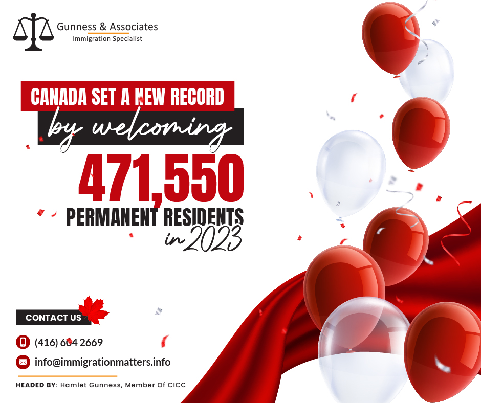 In 2023, Canada set a new immigration record, welcoming 471,550 new permanent residents. This number exceeded the target of 465,000 set out in Ottawa's Immigration Levels Plan for 2023-2025. The Immigration Levels Plan, a strategic roadmap designed to guide Canada's immigration policies, outlines ambitious goals for the coming years. With targets set at 485,000 new residents in 2024, 500,000 in 2025, and a consistent influx of 500,000 in 2026, Canada demonstrates its commitment to fostering economic growth, facilitating family reunification, and addressing humanitarian crises on a global scale.The initiative represents a proactive approach towards leveraging immigration as a catalyst for societal advancement and prosperity. By embracing diversity and welcoming newcomers, Canada not only enriches its cultural fabric but also strengthens its workforce and spurs innovation and entrepreneurship.December 2023 witnessed an exceptional surge in immigration, with a staggering 26.8% increase compared to previous months, culminating in 37,125 new residents joining Canadian communities. Among the provinces, Ontario emerged as the preferred destination for newcomers, accounting for 43.8% of all immigrants, further cementing its reputation as a welcoming and inclusive region.To become a permanent resident of Canada, get a free legal assessment to smooth your processThe influx of permanent residents underscores Canada's appeal as a destination of choice for individuals seeking opportunities for personal and professional growth. From skilled professionals and entrepreneurs to individuals reuniting with their families, Canada's open and inclusive immigration policies continue to attract diverse talents and perspectives from around the globe.Looking ahead, Canada remains steadfast in its commitment to immigration as a cornerstone of its growth strategy. With a projected total of 1.485 million immigrants over the span of three years, Canada is poised to harness the transformative power of immigration to build a brighter and more prosperous future for all its residents.What are the benefits of a Permanent Resident in Canada?Becoming a permanent resident of Canada offers several benefits, a few of those are:Work and study opportunities: Permanent residents have the right to work and study anywhere in Canada.
Access to healthcare: Permanent residents are eligible for world top-class healthcare coverage through the public healthcare system.
Social benefits: They can access various social benefits, including social assistance, child benefits, and pensions.
Protection under Canadian law: Permanent residents are protected under Canadian law and have the same rights and responsibilities as Canadian citizens.
Pathway to citizenship: After meeting certain residency requirements, permanent residents can apply for Canadian citizenship.Join our RSS Feed If you want to know more details about “Canada set a new record by welcoming 471,550 permanent residents in 2023" you can contact one of our immigration specialists at  Gunness & Associates.Tel: (416) 604-2669 Email: info@immigrationmatters.infoGunness & Associates has helped thousands of people successfully immigrate to Canada with their families. Our skilled and experienced immigration experts have the expertise to accurately examine your case and advise you on the best method of proceeding to serve your needs.For honest and straightforward advice, contact the expertsat Gunness & AssociatesGet a free Assessment Join our newsletter and get up-to-date immigration news Click hereAll rights reserved ©2023 Gunness & Associates