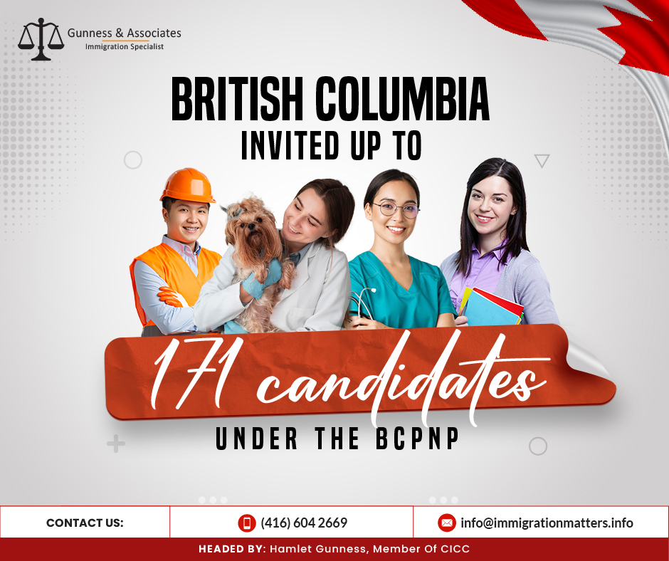 British Columbia invited up to 171 candidates under the New BC PNP Invitation Draws