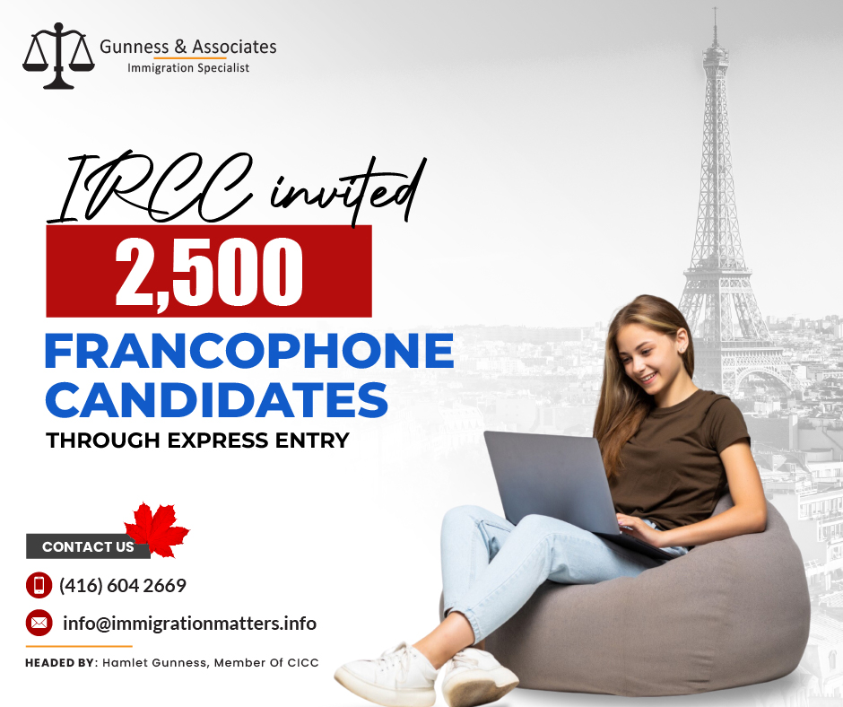 On February 29, 2024, In round #287 of the Express Entry Canada, IRCC issued a total of 2,500 Invitations to Apply (ITA) to francophone candidates seeking to make Canada their new home. Immigration, Refugees and Citizenship Canada (IRCC) facilitated a significant milestone in its immigration process by conducting a new Express Entry draw specifically targeting candidates proficient in the French language.This draw marked a notable event in the ongoing efforts to promote linguistic diversity within Canada's immigration system. With a cut-off score of merely 336 points, this draw demonstrated a decrease of 29 points compared to the previous draw for francophone candidates, held on February 1, 2024. Such a decrease in the cut-off score indicates IRCC's commitment to attracting skilled French-speaking individuals to contribute to Canada's vibrant cultural mosaic.Express Entry draw #287 showcased one of the lowest Comprehensive Ranking System (CRS) scores in the history of the Express Entry system. The CRS score serves as a benchmark for evaluating candidates' eligibility for immigration to Canada based on various factors such as age, education, work experience, and language proficiency. The significant reduction in the CRS score reflects IRCC's recognition of the value that francophone candidates bring to Canada's economy and society.The tie-breaking rule for round #287 was established on January 18, 2024, at 09:15:46 UTC, ensuring fairness and transparency in the selection process. This rule prioritizes candidates who submitted their Express Entry profiles before the specified date and time, further streamlining the immigration process.Express Entry Draws 2024As of February 27, 2024, the Express Entry pool comprised a total of 211,487 profiles, indicating a robust interest among skilled individuals worldwide in immigrating to Canada through this streamlined pathway. Throughout the year, Canada has issued a total of 19,390 ITAs across nine Express Entry draws, highlighting the country's continued commitment to attracting top talent from around the globe.The success of round #287 underscores Canada's dedication to building a diverse and inclusive society that values linguistic diversity and cultural enrichment. By welcoming skilled francophone candidates through the Express Entry system, Canada reaffirms its status as a global leader in immigration and integration initiatives.Moving forward, IRCC remains steadfast in its efforts to promote linguistic diversity, foster economic growth, and strengthen Canada's position on the world stage as a welcoming and inclusive nation for immigrants from all walks of life.Join our RSS Feed If you want to know more details about “IRCC Invites 2,500 Francophone Candidates through Express Entry" you can contact one of our immigration specialists at  Gunness & Associates.Tel: (416) 604-2669 Email: info@immigrationmatters.infoGunness & Associates has helped thousands of people successfully immigrate to Canada with their families. Our skilled and experienced immigration experts have the expertise to accurately examine your case and advise you on the best method of proceeding to serve your needs.For honest and straightforward advice, contact the expertsat Gunness & AssociatesGet a free Assessment Join our newsletter and get up-to-date immigration news Click hereAll rights reserved ©2023 Gunness & Associates