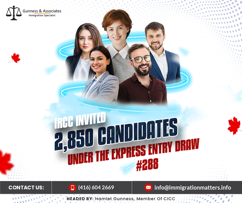 On March 12, 2024, Immigration, Refugees, and Citizenship Canada (IRCC) made a significant move in its immigration process by issuing invitations to candidates in the latest Express Entry draw. This draw, marked as #288, witnessed 2,850 invitations to apply (ITAs) being sent out to eligible candidates seeking immigration to Canada. It's a part of Canada's ongoing effort to attract skilled workers and meet its economic and labor market needs.In this round, candidates needed to meet a minimum Comprehensive Ranking System (CRS) score of 525 to receive an invitation. Notably, this score requirement was 9 points lower than the previous general draw, indicating a slight easing of eligibility criteria. The tie-breaking rule for this draw was established for March 12, 2024, at 15:56:42 UTC. As of the day before the draw, March 11, 2024, the Express Entry pool comprised 211,487 profiles, reflecting the growing interest in immigrating to Canada.With this draw, Canada has now issued a total of 22,240 ITAs through 10 Express Entry draws since the beginning of the year. This signifies Canada's continued commitment to welcoming skilled immigrants and strengthening its workforce and economy through strategic immigration policies.Express Entry Draws 2024The latest Express Entry draw, #288, marks another step forward in Canada's immigration journey, demonstrating its dedication to attracting talented individuals from around the world. As the year progresses, it's evident that Canada remains an appealing destination for skilled workers seeking new opportunities and a high quality of life. With each draw, the country reaffirms its commitment to immigration as a key driver of economic growth and cultural enrichment. Stay tuned for further updates as Canada continues its efforts to welcome newcomers through the Express Entry system.Join our RSS FeedIf you want to know more details about “IRCC invited 2,850 candidates under the Express Entry Draw #288" you can contact one of our immigration specialists at  Gunness & Associates.Tel: (416) 604-2669
Email: info@immigrationmatters.infoGunness & Associates has helped thousands of people successfully immigrate to Canada with their families. Our skilled and experienced immigration experts have the expertise to accurately examine your case and advise you on the best method of proceeding to serve your needs.For honest and straightforward advice, contact the experts
at Gunness & AssociatesGet a free AssessmentJoin our newsletter and get up-to-date immigration news Click hereAll rights reserved ©2023 Gunness & Associates
