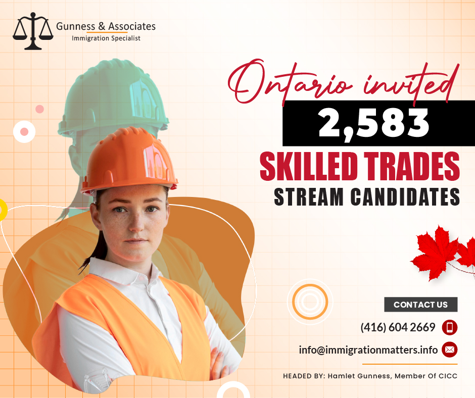 On March 1, 2024, Ontario extended invitations to 2,583 Skilled Trades Stream Candidates candidates under the Skilled Trades Stream of the Ontario Immigrant Nominee Program (OINP). This particular draw was tailored to target candidates employed in 48 National Occupational Classifications (NOCs), possessing Comprehensive Ranking System (CRS) scores ranging from 350 to 424. Notably, these candidates had created their profiles within the Express Entry system between March 1, 2023, and March 1, 2024, making them eligible for consideration by the OINP during this draw.Throughout the year 2024, Ontario has demonstrated its commitment to attracting skilled individuals through various immigration pathways, exemplified by the invitation of a total of 17,243 candidates across all streams of the OINP. Occupations for Skilled Trades Stream Candidates invitedWork experience in one of the following NOCs must be listed as the primary NOC in your Express Entry profile: NOC 72010 - Contractors and supervisors, machining, metal forming, shaping and erecting trades and related occupations
NOC 72011 - Contractors and supervisors, electrical trades, and telecommunications occupations
NOC 72012 - Contractors and supervisors, pipefitting trades
NOC 72013 - Contractors and supervisors, carpentry trades
NOC 72020 - Contractors and supervisors, mechanic trades
NOC 72021 - Contractors and supervisors, heavy equipment operator crews
NOC 72022 - Supervisors, printing, and related occupations
NOC 72100 - Machinists and machining and tooling inspectors
NOC 72101 - Tool and die makers
NOC 72102 - Sheet metal workers
NOC 72103 - Boilermakers
NOC 72104 - Structural metal and plate work fabricators and fitters
NOC 72105 Ironworkers
NOC 72106 - Welders and related machine operators
NOC 72200 - Electricians (except industrial and power system)
NOC 72201 - Industrial electricians
NOC 72203 - Electrical power line and cable workers
NOC 72204 - Telecommunications line and cable installers and repairers
NOC 72205 - Telecommunications equipment installation and cable television service technicians
NOC 72300 - Plumbers
NOC 72301 - Steamfitters, pipefitters, and sprinkler system installers
NOC 72302 - Gas fitters
NOC 72310 - Carpenters
NOC 72311 - Cabinetmakers
NOC 72320 - Bricklayers
NOC 72321 - Insulators
NOC 72400 - Construction millwrights and industrial mechanics
NOC 72402 - Heating, refrigeration, and air conditioning mechanics
NOC 72403 - Railway carmen/women
NOC 72404 - Aircraft mechanics and aircraft inspectors
NOC 72406 - Elevator constructors and mechanics
NOC 72410 - Automotive service technicians, truck and bus mechanics, and mechanical repairers
NOC 72422 - Electrical Mechanics
NOC 72423 - Motorcycle, all-terrain vehicle, and other related mechanics
NOC 72500 - Crane operators
NOC 73100 - Concrete finishers
NOC 73101 - Tilesetters
NOC 73102 - Plasterers, drywall installers finishers, and lathers
NOC 73110 - Roofers and shinglers
NOC 73111 - Glaziers
NOC 73113 - Floor covering installers
NOC 73200 - Residential and commercial installers and servicers
NOC 73201 - General building maintenance workers and building superintendents
NOC 73202 - Pest controllers and fumigators
NOC 73209 - Other repairers and servicers
NOC 73400 - Heavy equipment operators
NOC 73402 - Drillers and blasters - surface mining, quarrying and construction
NOC 82031 - Contractors and supervisors, landscaping, grounds maintenance, and horticulture servicesYou may apply to this stream if you receive a notification of interest on March 1, 2024.As the year progresses, it is expected that Ontario will continue to leverage its immigration programs to address skill shortages, support economic recovery, and enhance its competitiveness on the global stage. Candidates aspiring to immigrate to Ontario under the Skilled Trades Stream, as well as other OINP streams, are encouraged to monitor program updates and prepare their profiles accordingly to maximize their chances of receiving an invitation.Ontario's latest invitation of 2,583 skilled trades stream candidates underscores the province's ongoing commitment to welcoming talented individuals who can contribute to its vibrant and diverse communities, driving innovation and prosperity across various sectors.Join our RSS Feed If you want to know more details about “Ontario Invited 2,583 Skilled Trades Stream Candidates" you can contact one of our immigration specialists at  Gunness & Associates.Tel: (416) 604-2669 Email: info@immigrationmatters.infoGunness & Associates has helped thousands of people successfully immigrate to Canada with their families. Our skilled and experienced immigration experts have the expertise to accurately examine your case and advise you on the best method of proceeding to serve your needs.For honest and straightforward advice, contact the expertsat Gunness & AssociatesGet a free Assessment Join our newsletter and get up-to-date immigration news Click hereAll rights reserved ©2023 Gunness & Associates