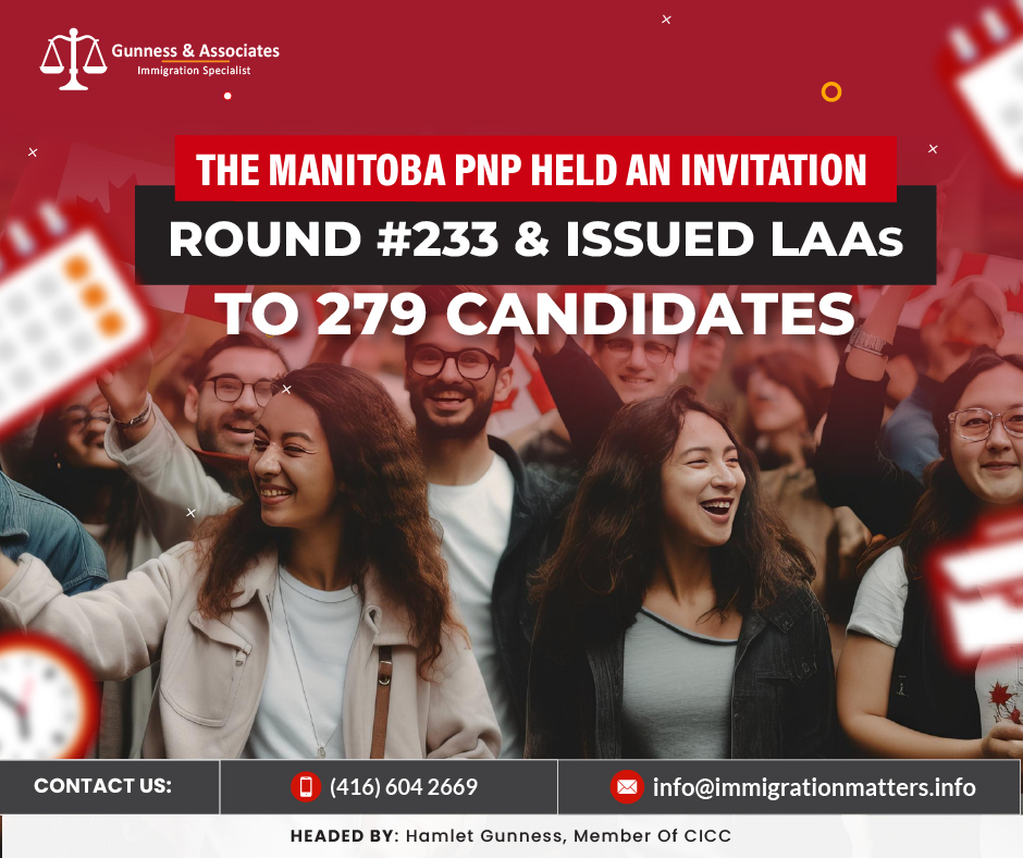 Manitoba PNP Latest Draw: Invitation Round #233 Issues LAAs to 279 Candidates